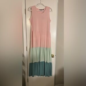 NWT Women’s Lands End Pink and Mint Maxi Dress block color stretchy flowwy